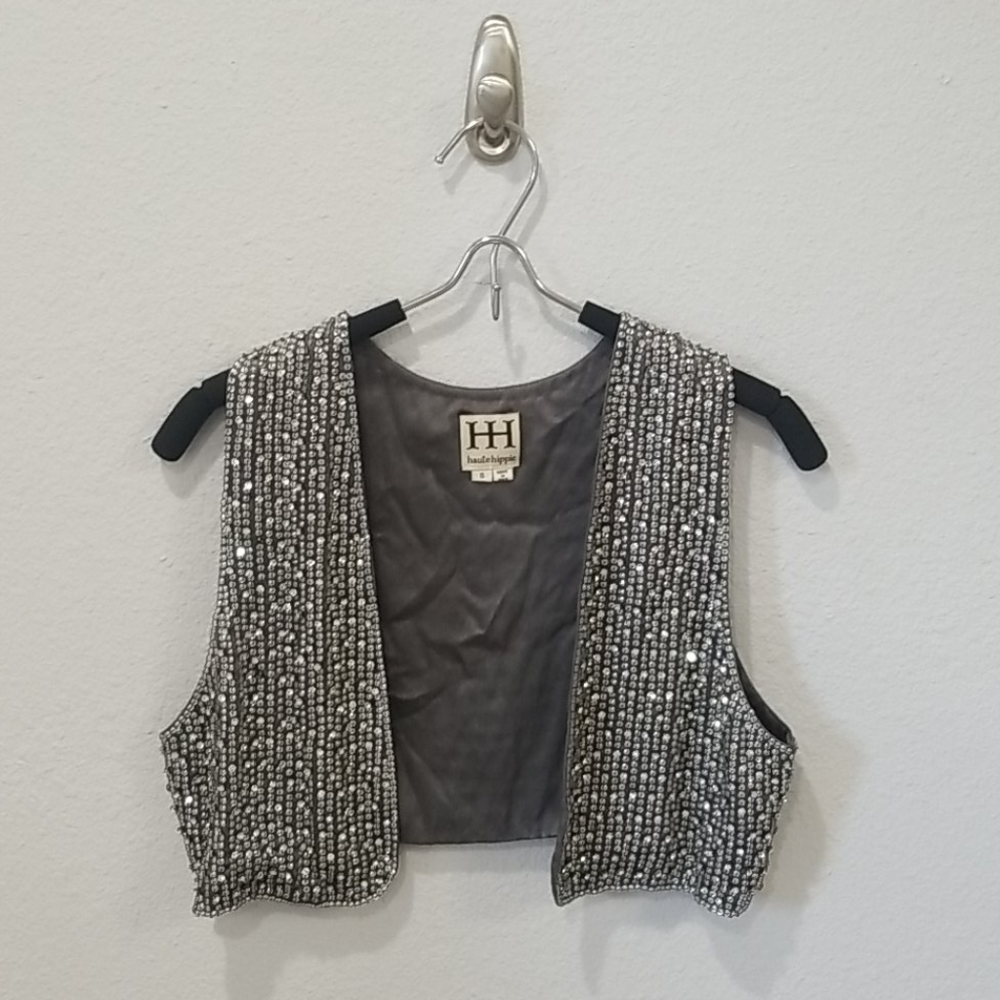 Haute Hippie Rhinestone Gray Silk Vest Sz S